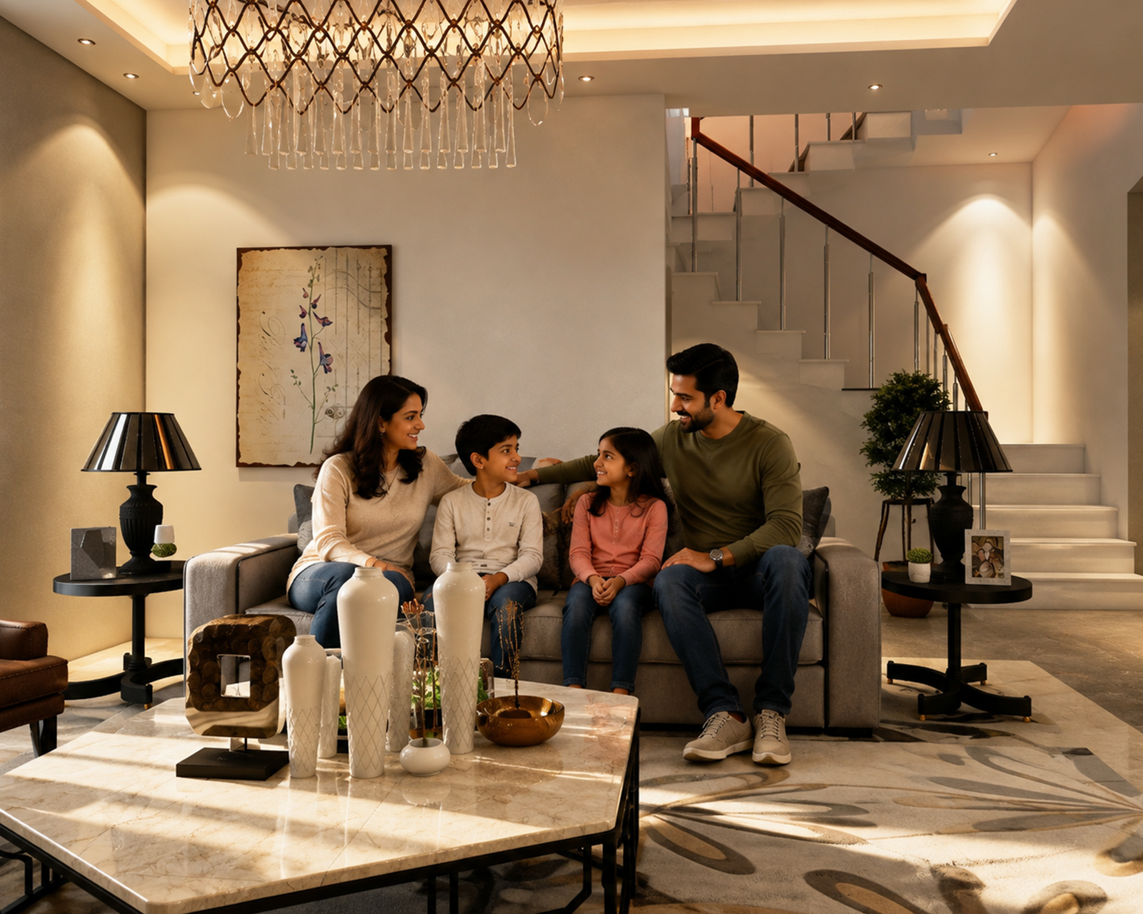 a family sitting on a couch in a living room